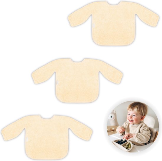 Funnies Slab met Mouwen 3-Pack Beige - Set van 3 Zachte Slabbetjes voor Baby’s - 100% Katoenen Badstof - Makkelijk Wasbaar in de Wasmachine - Slabbetjes, Kwijlslab, Eet- en Speelslab - Ideaal voor Eten, Knutselen en Spelen van Funnies