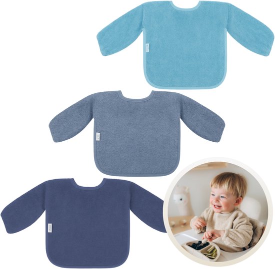 Funnies Slab met Mouwen 3-Pack Blauwe Tinten - Set van 3 Zachte Slabbetjes voor Baby’s - 100% Katoenen Badstof - Makkelijk Wasbaar in de Wasmachine - Slabbetjes, Kwijlslab, Eet- en Speelslab - Ideaal voor Eten, Knutselen en Spelen van Funnies.