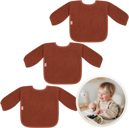 Funnies Slab met Mouwen 3-Pack Copper - Set van 3 Zachte Slabbetjes voor Baby’s - 100% Katoenen Badstof - Makkelijk Wasbaar in de Wasmachine - Slabbetjes, Kwijlslab, Eet- en Speelslab - Ideaal voor Eten, Knutselen en Spelen van Funnies.