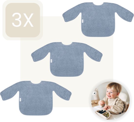Funnies Slab met Mouwen 3-Pack - Grey Blue - Set van 3 Stuks - Slab voor Kinderen - Slabbertjes Baby - Slabber van Funnies