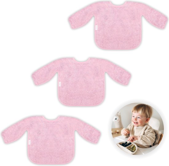 Funnies Slab met Mouwen 3-Pack Roze - Set van 3 Zachte Slabbetjes voor Baby’s - 100% Katoenen Badstof - Makkelijk Wasbaar in de Wasmachine - Slabbetjes, Kwijlslab, Eet- en Speelslab - Ideaal voor Eten, Knutselen en Spelen van Funnies