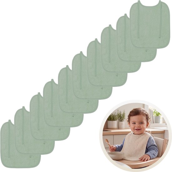 Funnies Slabben 10-Pack Stone Green - Set van 10 Zachte Slabbetjes - Slabbers - Kwijldoekjes - Slab met Koordjes - Gemaakt van 100% Katoenen Badstof - Absorberend, Zacht en Makkelijk Wasbaar - Ideaal voor Voeden, Kwijlen en Bescherming van Kleding