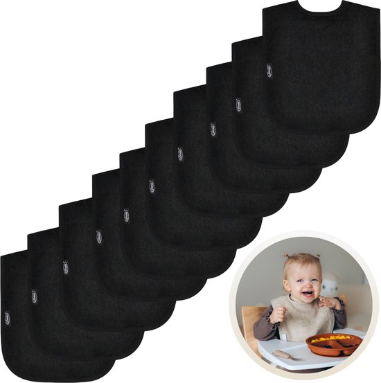 Funnies Slabbetjes 10-Pack Zwart - Set van 10 Zachte Slabbertjes - Grote Slabbers - Kwijldoekjes voor Baby’s en Kinderen - Absorberend, Zacht en Makkelijk Wasbaar - Perfect voor Voeden, Kwijlen en Bescherming van Kleding van Funnies