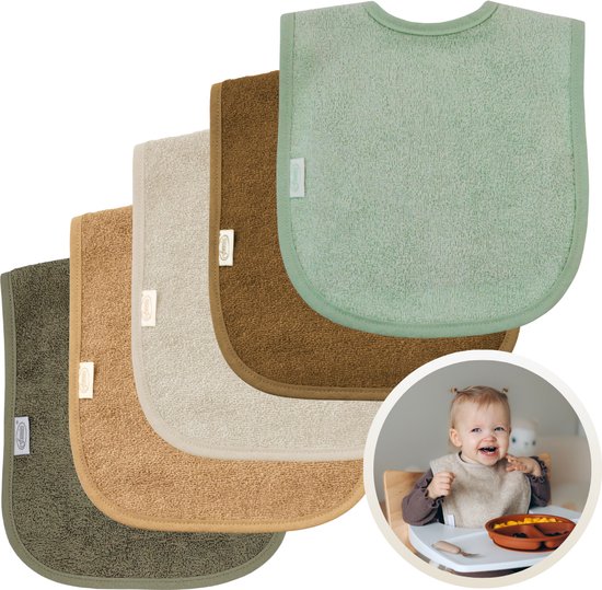Funnies Slabbetjes 5-Pack Aardetinten - Set van 5 Zachte Slabbertjes - Grote Slabbers - Kwijldoekjes voor Baby’s en Kinderen - Absorberend, Zacht en Makkelijk Wasbaar - Perfect voor Voeden, Kwijlen en Bescherming van Kleding van Funnies.