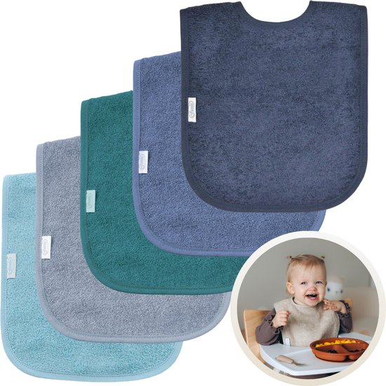 Funnies Slabbetjes 5-Pack Blauwe Tinten - Set van 5 Zachte Slabbertjes - Grote Slabbers - Kwijldoekjes voor Baby’s en Kinderen - Absorberend, Zacht en Makkelijk Wasbaar - Perfect voor Voeden, Kwijlen en Bescherming van Kleding van Funnies.