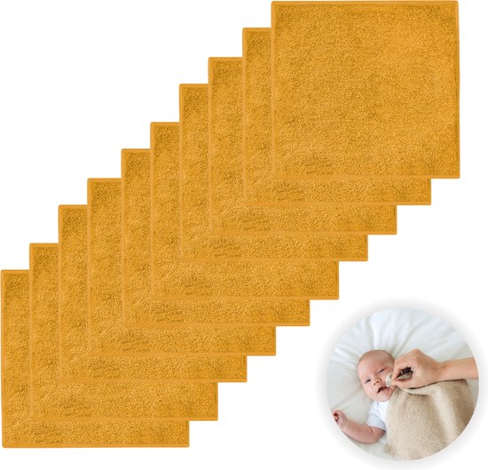 Funnies Spuugdoekjes 10-Pack Ochre Geel - Set van 10 Zachte Spuugdoeken, Monddoekjes, Kwijldoekjes - 30x30 cm - 100% Katoenen Badstof - Absorberend, Sneldrogend en Zacht - Wasmachinebestendig - Perfect voor Gevoelige Babyhuid bij Voeden en Kwijlen van Funnies