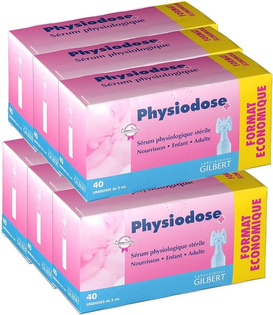 Fysiodose fysiologisch serum, 6 verpakkingen van elk 40 eenheden + 10 zakken met elk 2 steriele kompressen, 7,5 x 7,5 cm van Fysiodose
