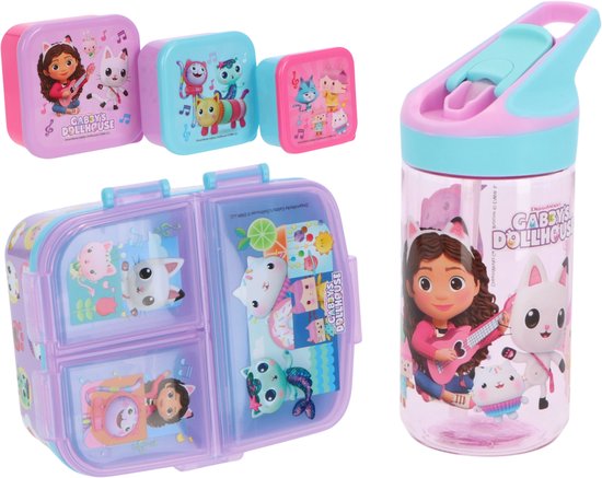 Gabby's Dollhouse lunchset; drinkfles, lunchbox en snackbox