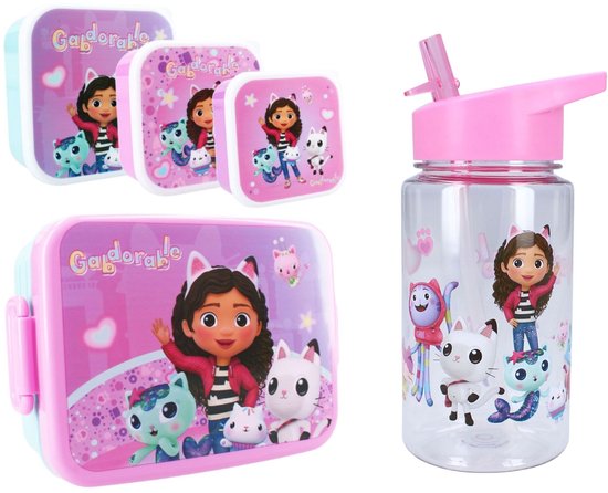 Gabby's Dollhouse Lunchset - Lunchbox - Drinkfles - 3 Snackboxen - Paars