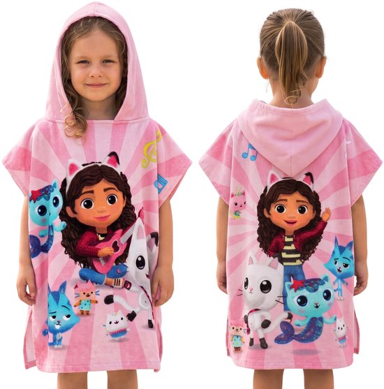 Gabby's Dollhouse Zwembadhanddoek, sneldrogende poncho met capuchon voor kinderen, op het strand, 100% katoen 50x115 cm OEKO-TEX