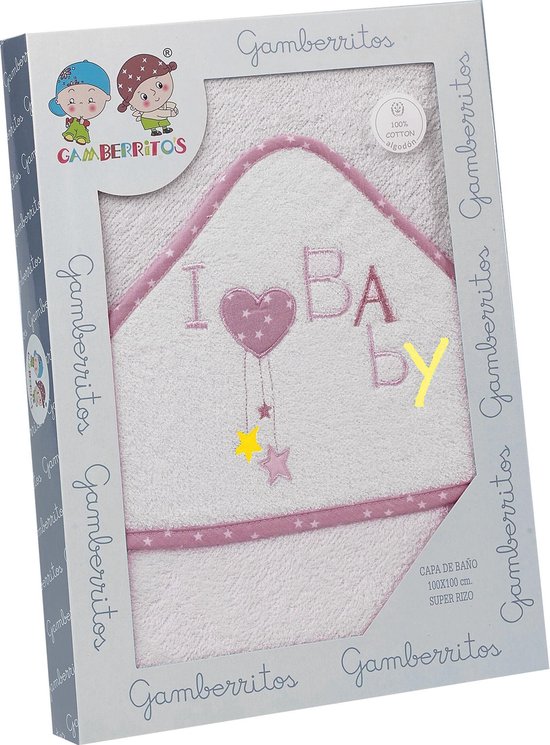 Gamberritos Badcape I Love Baby 100 X 100 Cm Katoen Wit/roze van Gamberritos