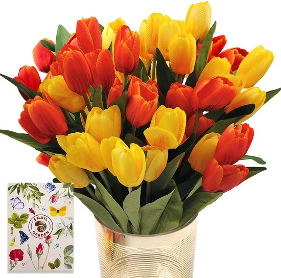 GARDEN Set van 36 kunstmatige tulpen met 2 kleuren, zijden tulpen met 1 wenskaart voor bruiloft, thuis, feest, festival, bloemarrangementen, verhuisgeschenk (rood/geel)