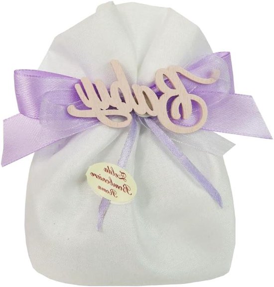 Gastgeschenk doop geboorte meisje zakje met opschrift hout baby roze
