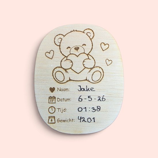 Geboorte Invulbordje Hout – Houten Geboortebordje Baby Beer – Naam, Datum, Tijd & Gewicht – Kraamcadeau