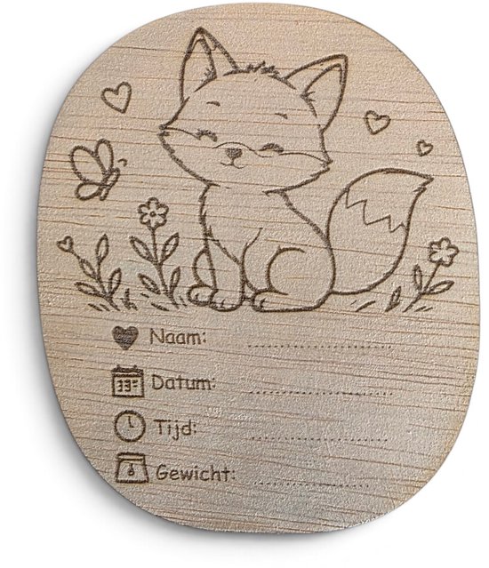 Geboorte Invulbordje Hout – Houten Geboortebordje Baby Vos – Naam, Datum, Tijd & Gewicht – Kraamcadeau