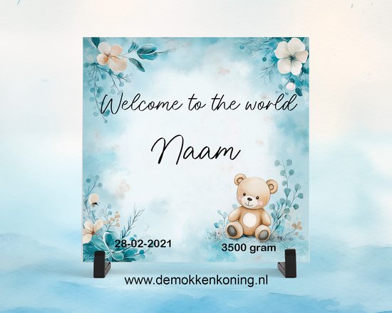 Geboorte Tegeltje Blauw Olifantje, kraamcadeau, baby, van Miko tegelspreuken