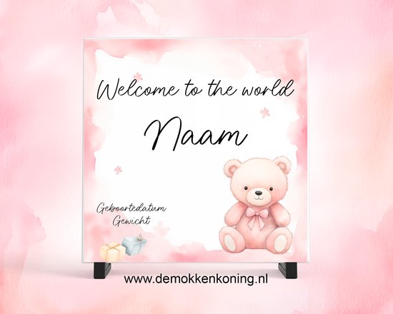 Geboorte Tegeltje Roze Beertje15 x 15 cm van Feliz.