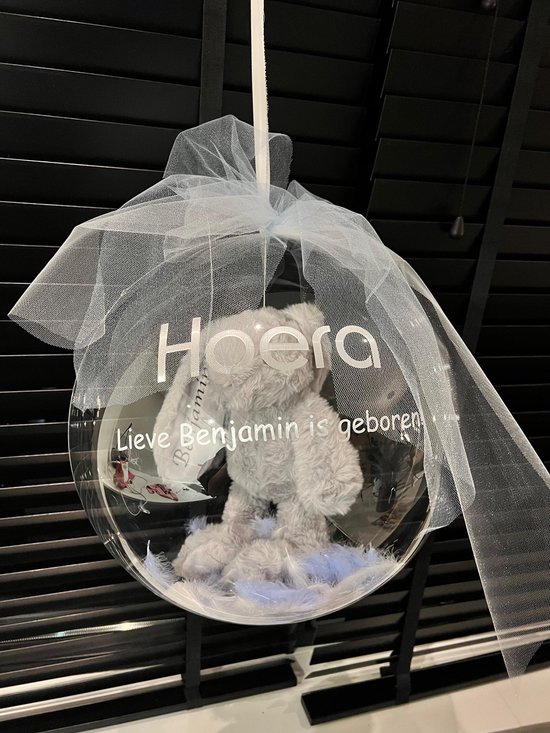 Geboorteballon Transparant 40 cm met Knuffel Konijn - Gepersonaliseerd met Naam & Tekst - Luxe Cadeau Baby Geboorte ballon, Kraamcadeau Jongen & Meisje van Merkloos