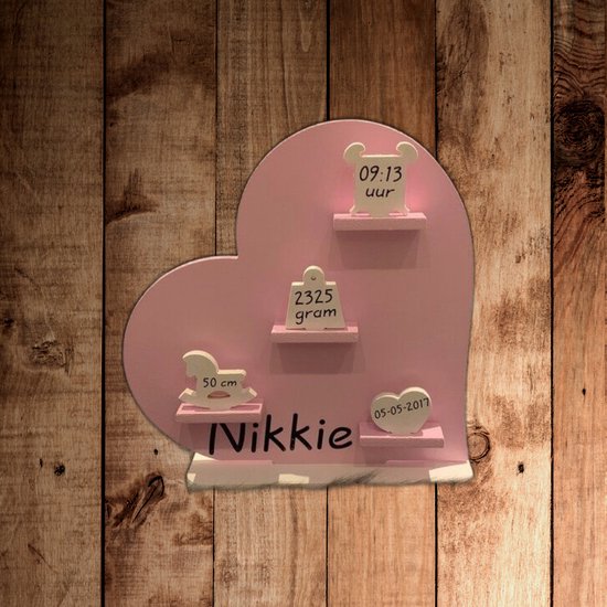 Geboortebord Hart baby rose met geboortegegevens van $