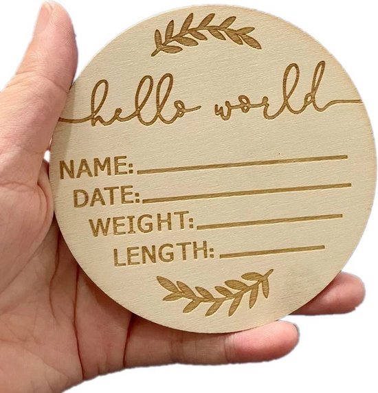 Geboortebordje Hello World - 10 CM Invulbordje geboorte - Geboortegegevens invulkaart - Bordje van hout - Baby gegevens invullen - Ziekenhuis invulbordje - Houten geboortebord van Merkloos