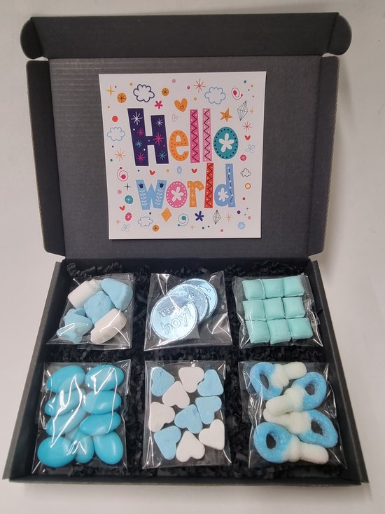 Geboortebox BabyBlauw met Mystery Card 'Hello World' met persoonlijke (video)boodschap + BOL.com cadeaukaart ter waarde van 10 euro van Greetz