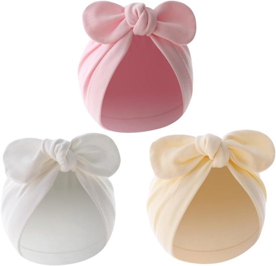 Geboortemutsen Set van 3 voor Baby's - Strik en Tulband Design - Rekbare Katoenen Mutsen, Warm en Ademend voor Pasgeborenen van Merkloos