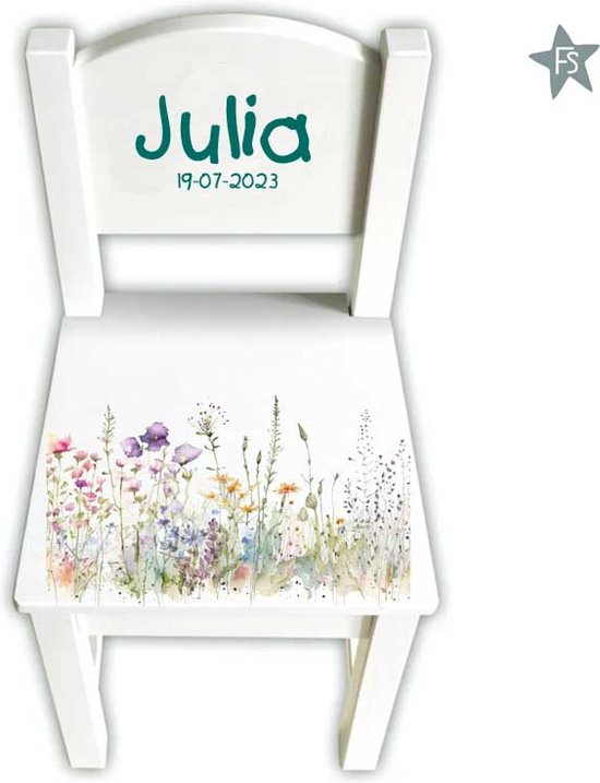 Geboortestoeltje met naam wild flowers | Stoeltje met (eigen) naam | geboortestoeltje | kinderstoeltje | gemonteerd | wit stoeltje van hout | kraamcadeau met naam van Geboortestoeltje.