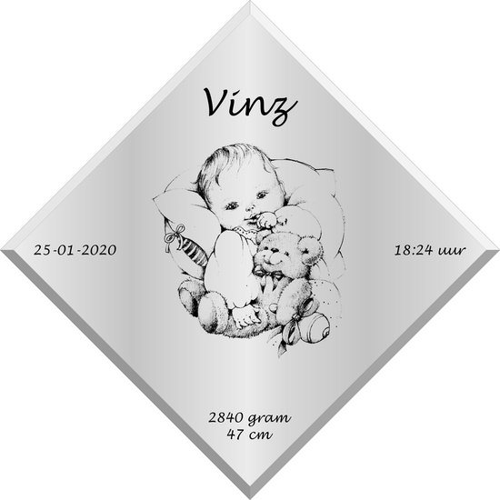 Geboortetegel - Geboortespiegel - Geboortecadeau - Gepersonaliseerd - Babycadeau meisje - Babycadeau jongen - Decoratie Babykamer - Foto in spiegel - Tekst in spiegel - 20x20cm van Ken's Deco Design