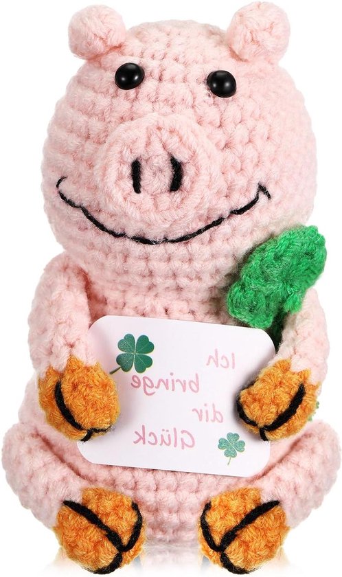 Gebreid Varkentje - Geluksvarkentje Pocket Hug - Positieve Geschenk - Handgeweven Decoratie - 10 x 7 cm - Roze
