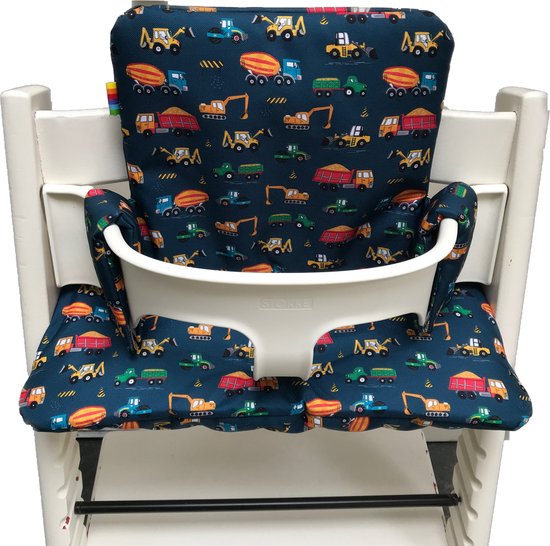 Gecoate kussenset voor de Tripp Trapp kinderstoel van Stokke - Werkauto's blauw - eenvoudig schoon te vegen - comfortabel - duurzaam
