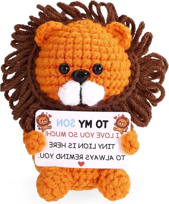 Gehaakt Leeuwtje - Knutsel Dierenpop - Positieve Herinnering - Met Tekstkaart - 9x7x6 cm - Geel Bruin van Merkloos