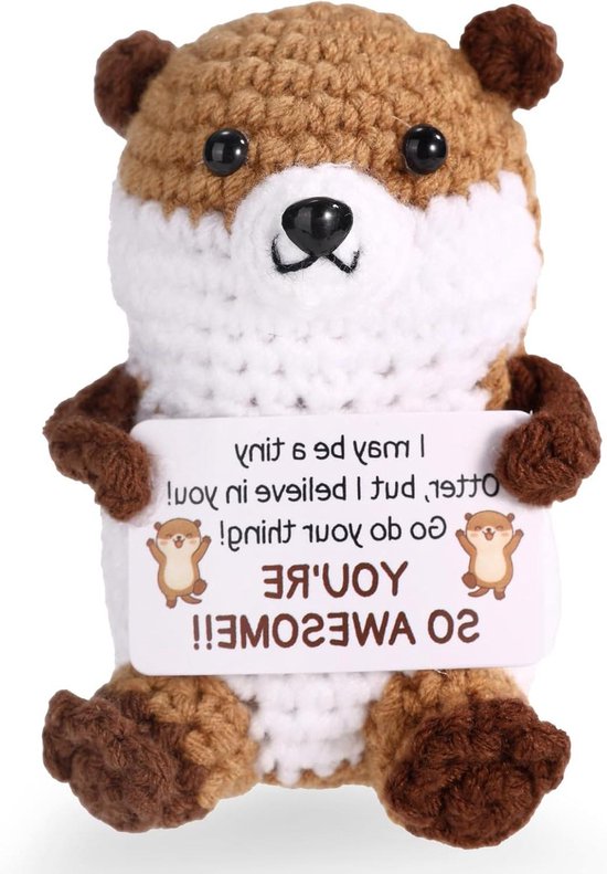 Gehaakte Otter - Pluche Dier Steundier - Decoratie en Cadeau - Handgemaakt met Bemoedigingskaart - 9x7x6cm - Multicolor