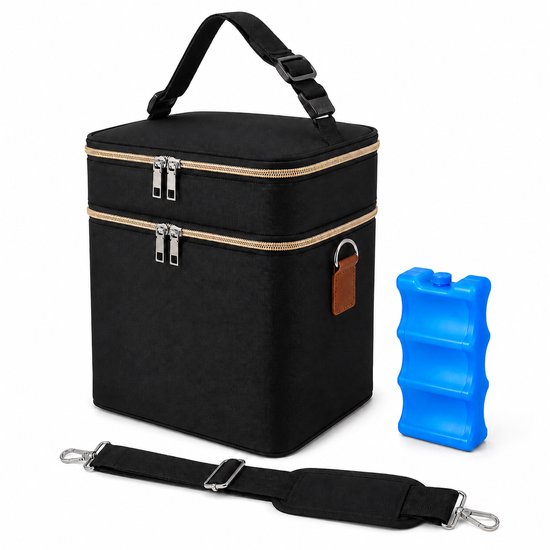 Geïsoleerde Baby Flessentas 11L met Koelelement – Dubbel Compartiment – Houdt Warm & Koud – Waterdicht – Verstelbare Schouderriem – Zwart