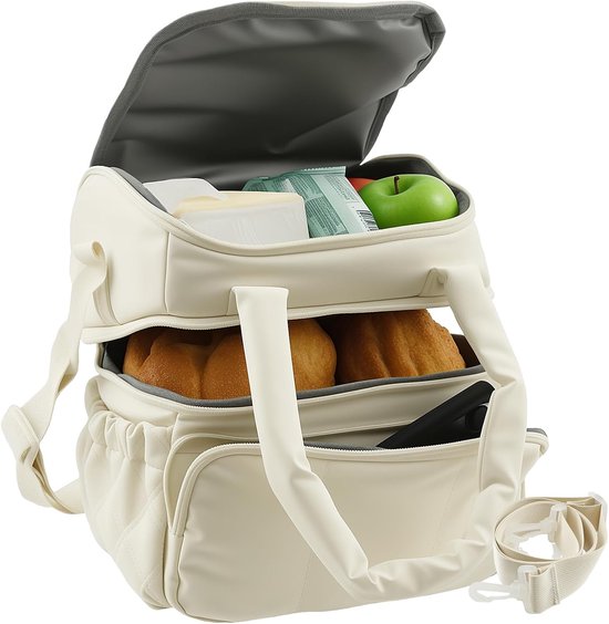 Geïsoleerde Lunchtas - Thermotas Draagtas - Maaltijden Koel Houden - Dubbel Dek Ontwerp - 25x18x25 cm - Beige