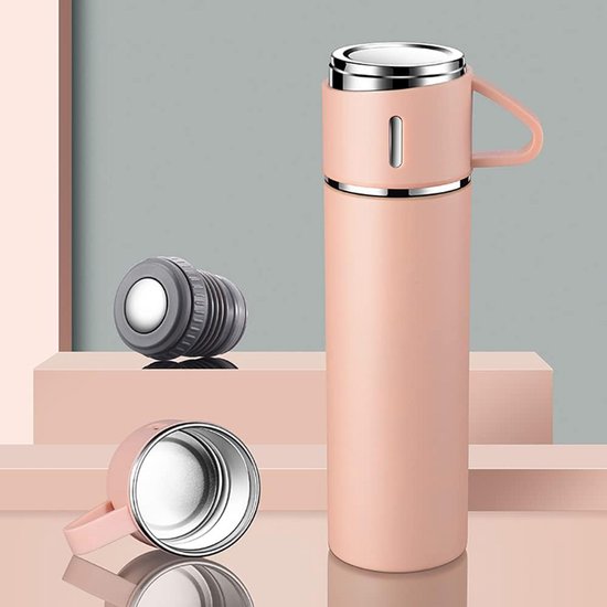 Geïsoleerde Thermofles 500ml met Beker - Vacuümgeïsoleerd Roestvrij Stalen Drinkfles voor Warme en Koude Drank - Roze Set