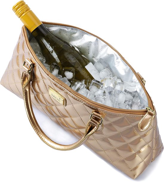 Geïsoleerde Wijntas - Koeltas Clutch - Flessen Vervoeren - Luxe Kunstleer - 14 x 4 x 6 Inch - Goud Gewatteerd