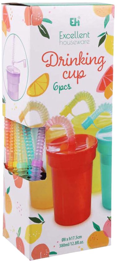 Gekleurde drinkbekers speelgoed met rietje - set van 6 kunststof bekers.