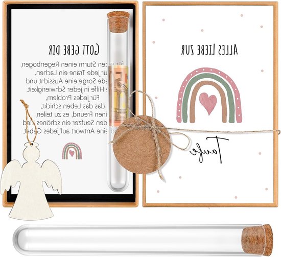 Geldcadeaus voor de doop, geschenken voor het peetkind, testbuisverpakking, houten gel, doopkaart, voucher en zaden