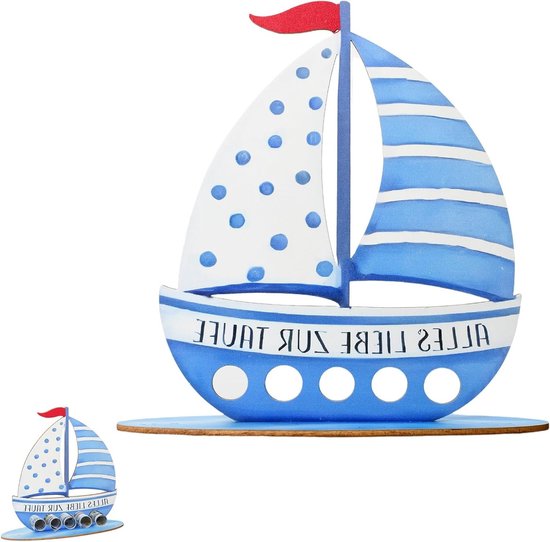 Geldgeschenken in een blauwe houten boot voor doopcadeaus voor jongens en meisjes, 19 cm hoog en 19 cm breed