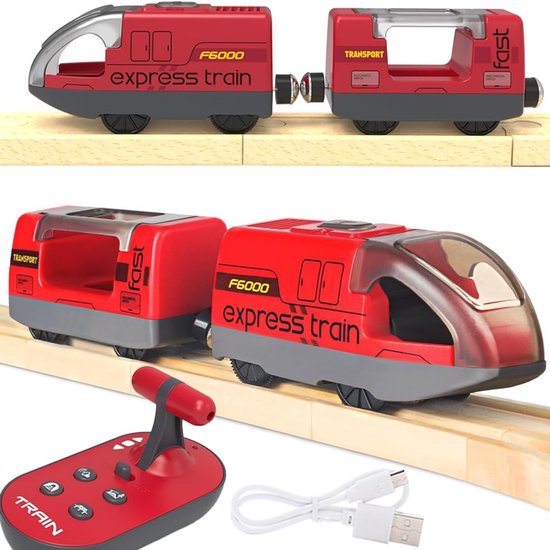 Gemotoriseerde houten trein met afstandsbediening en magnetische verbinding - Trein op batterijen voor peuters van 3-7 jaar (rood) van Merkloos