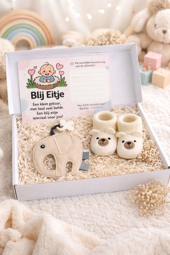 Gender reveal jongen & meisje - kraamcadeau jongen meisje - Unisex babycadeau giftbox met slofjes en knuffel van Merkloos