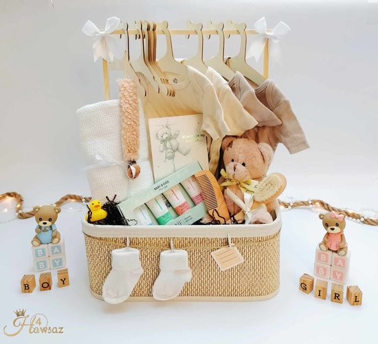 Genderneutraal baby cadeau - Hawsaz.nl cadeau - Babygeschenksets 27 stuks - Geboortecadeau - babyshower - Babyset - Babydeken - Baby knuffel - Babykado - Babygeschenk - Speenkoord - Babyverzorging - Baby speelgoed - Naif verzorgingset - Babykleding van Hawsaz