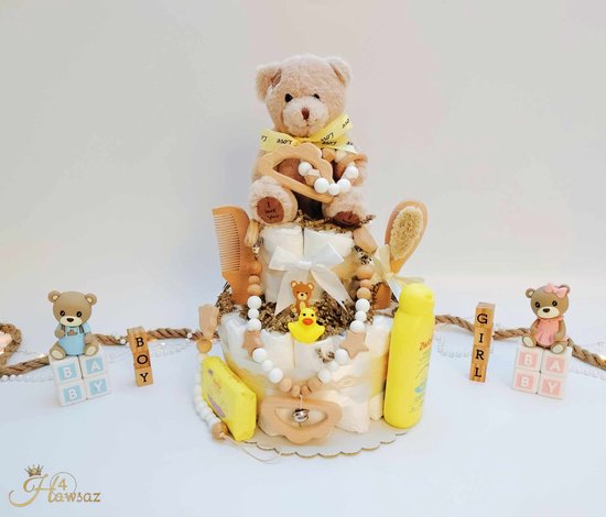 Genderneutraal luiertaart 39 stuks - kraamcadeau - Hawsaz.nl Cadeau -Originele Babycadeau's - Babycadeau - Babygeschenk voor jongen en meisjes - Knuffel - Babyshower - Speenkoord - Bijtring - Wagenspanner - Zwitsal - Babyverzorging van Hawsaz.nl