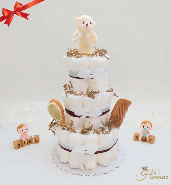 Genderneutraal luiertaart 43 stuks 3 hoog - kraamcadeau - Hawsaz.nl Cadeau -Originele Babycadeau's - 40 luiers - Babycadeau - Babygeschenkset - Knuffel - Babyshower - Gepersonaliseerde cadeaus - Babyverzorging - voor Jongen of Meisje van Merkloos