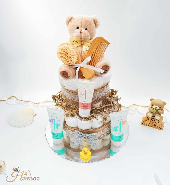 Genderneutraal luiertaart 43 stuks - kraamcadeau - Hawsaz.nl Cadeau -Originele Babycadeau's - 36 luiers - Babycadeau - Babygeschenkset - Knuffel - Babyshower - Gepersonaliseerde cadeaus - Naif - Babyverzorging van Hawsaz.nl