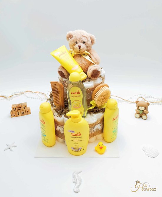 Genderneutraal luiertaart 45 stuks - kraamcadeau - Hawsaz.nl Cadeau -Originele Babycadeau's - 36 luiers - Babycadeau - Babygeschenkset - Knuffel - Babyshower - Gepersonaliseerde cadeaus - Zwitsal - Babyverzorging van Hawsaz.nl