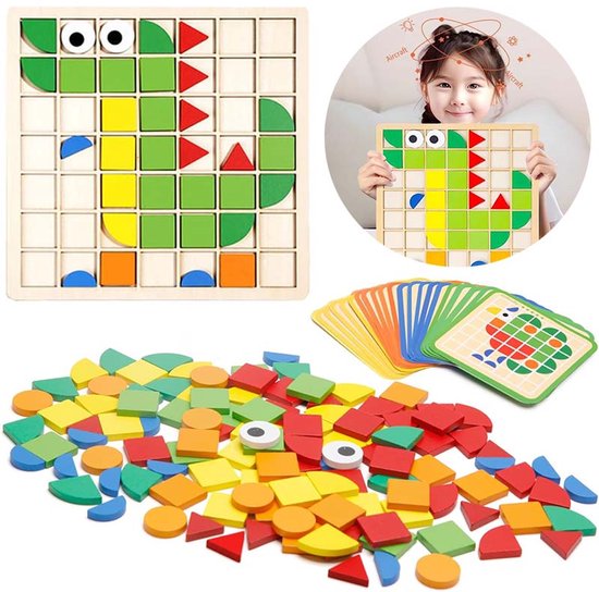 Geometrische Puzzel Speelgoed - Houten Puzzelspel Voor Kinderen - Met 120 Houten Puzzelblokken En 20 Kaarten - Kleurrijke Patroon Puzzel Geheugenspel - Geschikt Voor Kinderen Van 3 Jaar En Ouder
