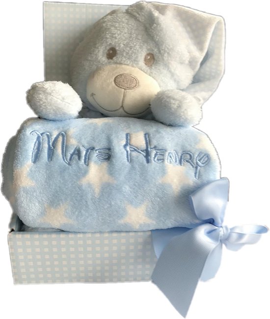 Gepersonaliseerd Fleece Baby-/Kinderdeken met Naam en Geboortedatum, Inclusief Knuffelbeer van Merkloos