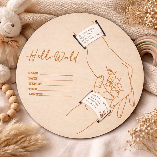 Gepersonaliseerd Houten Geboortebord – Hello World – Uniek Kraamcadeau van Merkloos