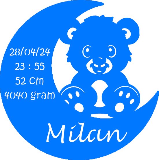 Gepersonaliseerd Houten Geboortebord met Maan en Beer – Uniek Kraamcadeau met Naam, Geboortedatum, Gewicht en Lengte - 38cm - Blauw van Vrutten & Co